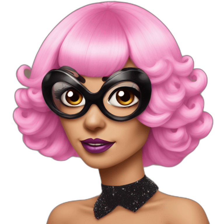 Drag Queen wearing pink wig and extravagant makeup with a black pug dog emoji