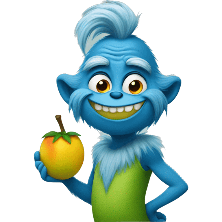 blue grinch holding a mango emoji