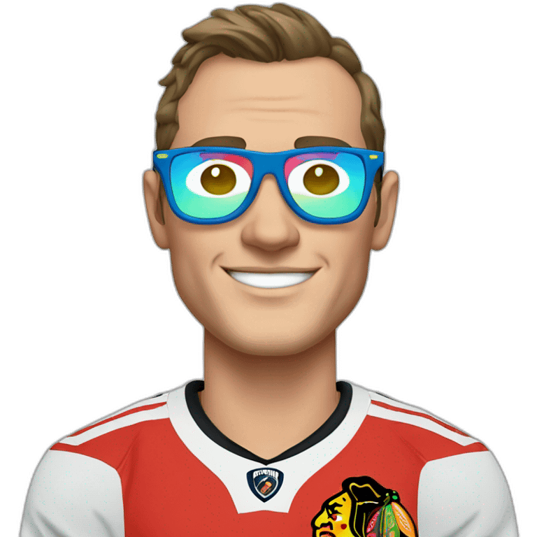 Jonathan Toews wearing glasses and rainbow clothes emoji