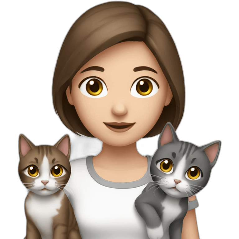 girl with brown hair with 2 cats gray and white emoji