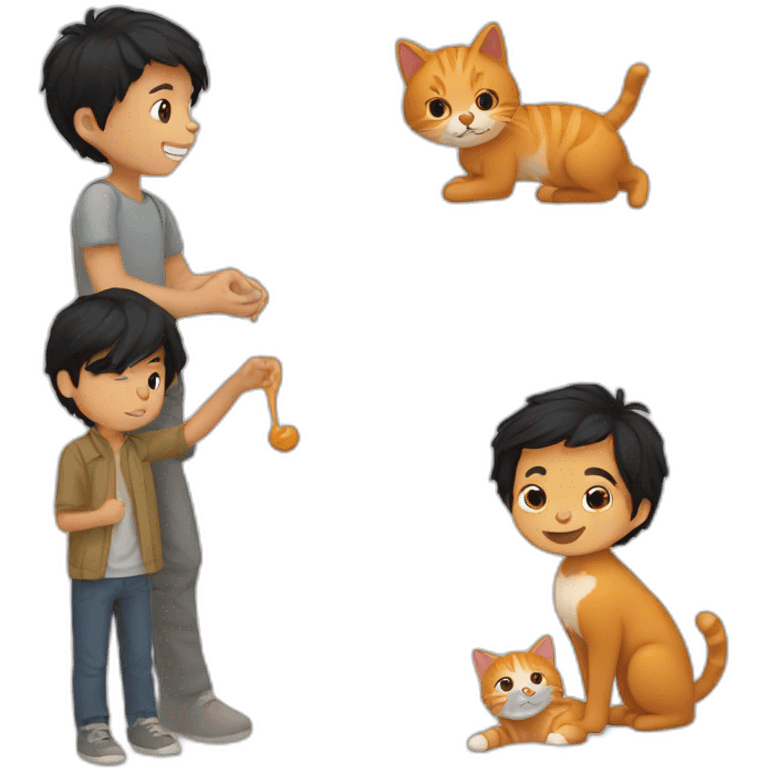 Boy with black hair and beard playing with ginger cat emoji