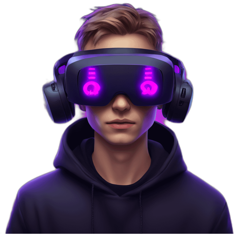 Russian young man wearing a black hoodie with "OMG" letters on it and VR headset in a cyberpunk VR environment with violet neon lighting. emoji