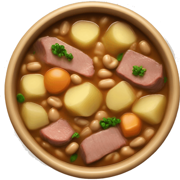 low water stew with chunks of meat and barley and beans nd potato’s  emoji