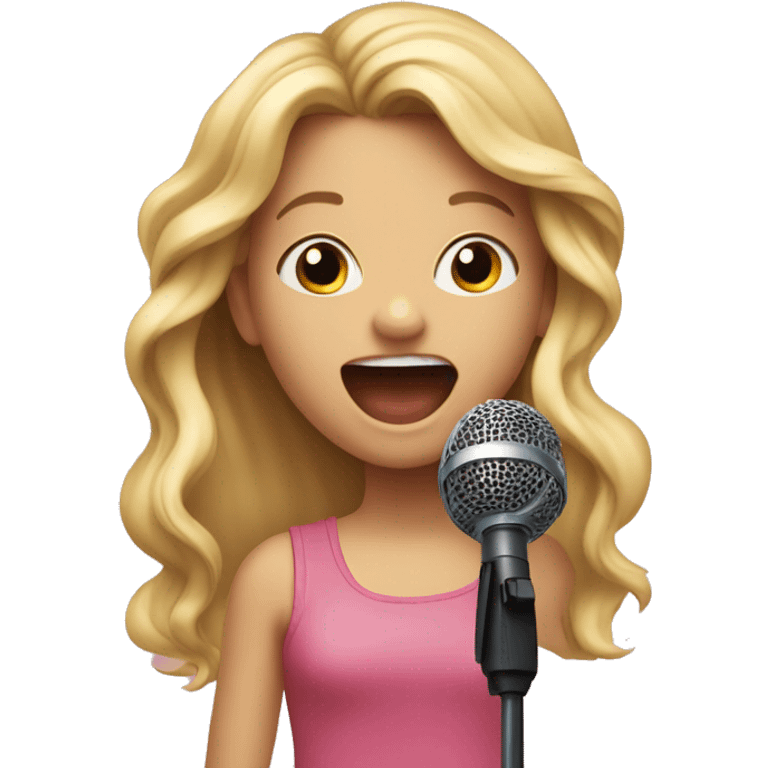 An emoji of a young girl with long blonde hair, holding a microphone and singing passionately, with a joyful expression on her face emoji