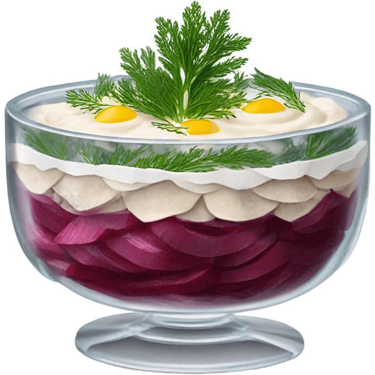 Shuba russian Layered Beet dish  with Herring and mayonnaise in Crystal bowl, dill on top  emoji