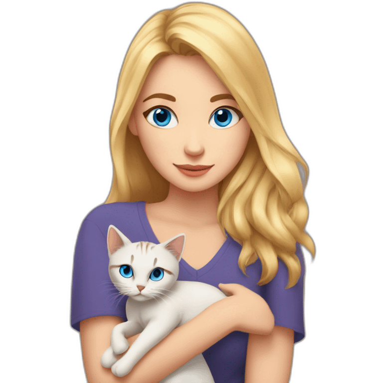 a beautiful fair-haired girl with blue eyes holds a cat of Bengal origin in her arms emoji