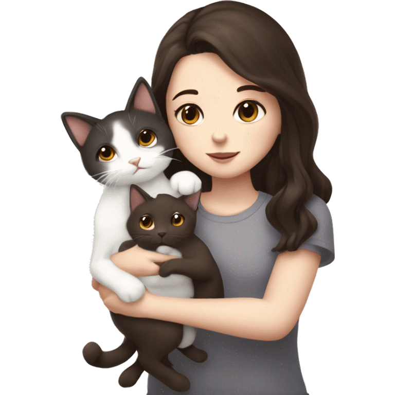 A pale girl with dark brown hair and dark brown eyes holds and kisses a white cat in her hands look at the cat emoji