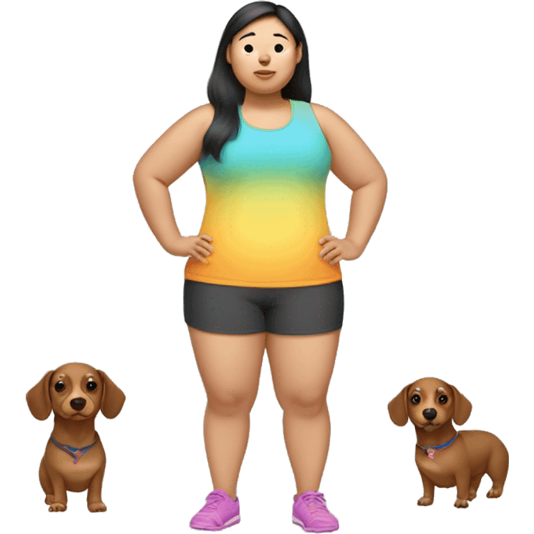 Short chubby asian girl wearing workout shorts and crocs holding a dachsund emoji