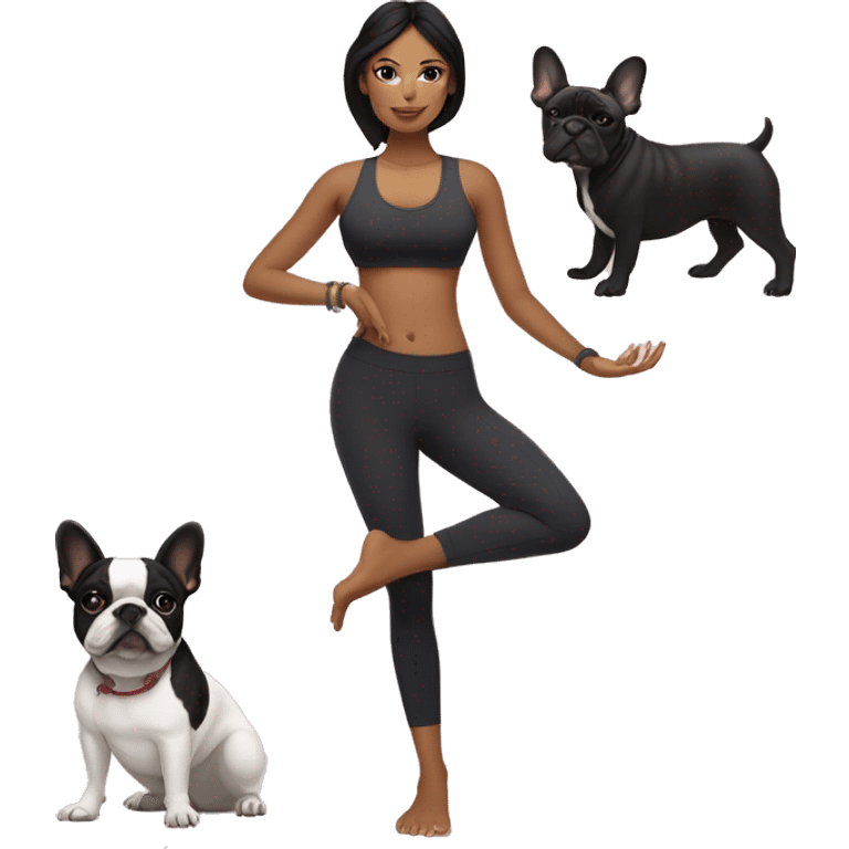 latin women with long black hair in yoga outfit standing alongside two french bulldogs  emoji