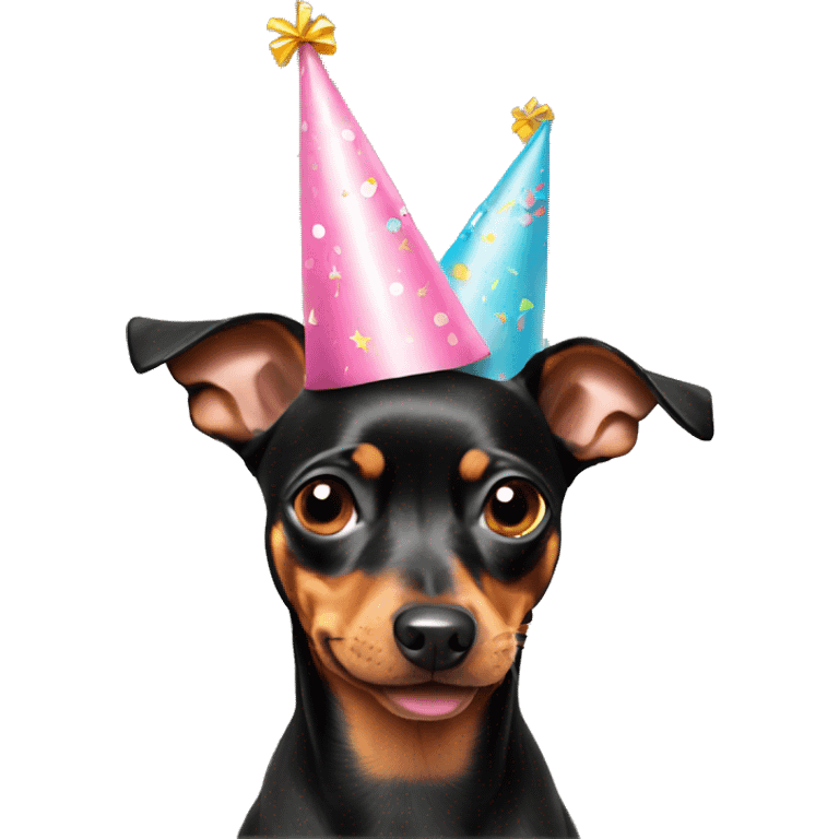 Miniature Pinscher wearing birthday hat emoji