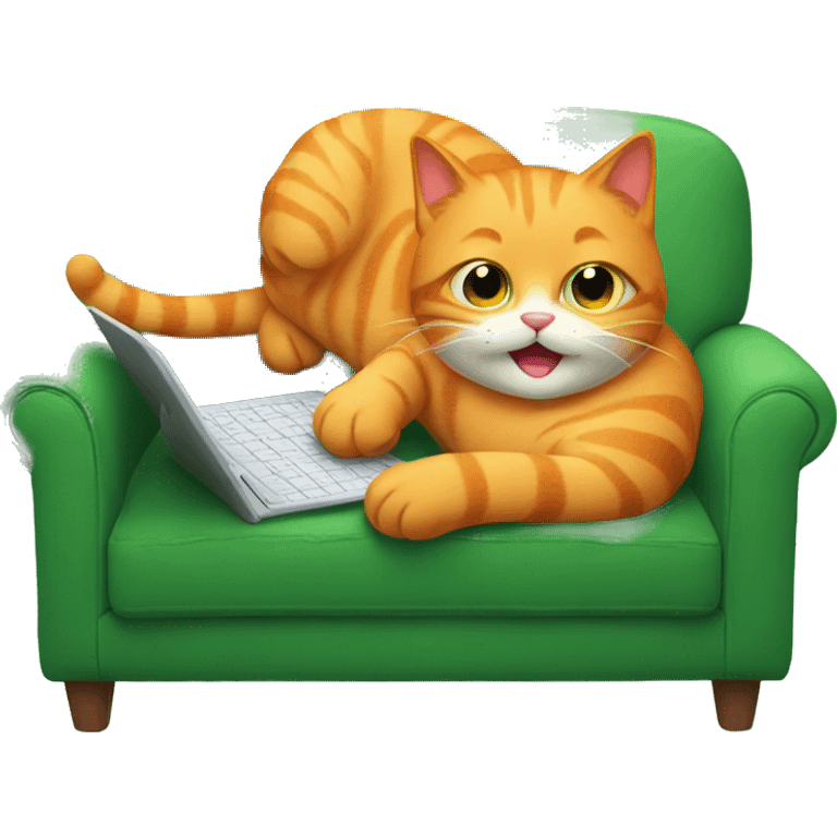 A happy orange cat lies on its back on a green sofa, holding a tablet. emoji