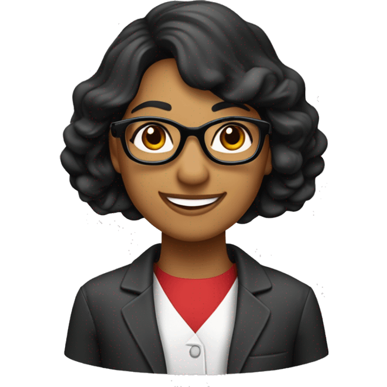 científica, morena de cabello negro ondulado recogido con una cola, con lentes, sonriente, con bata de laboratorio emoji