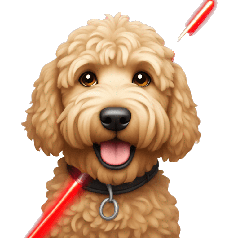 Golden doodle with a red lightsaber emoji