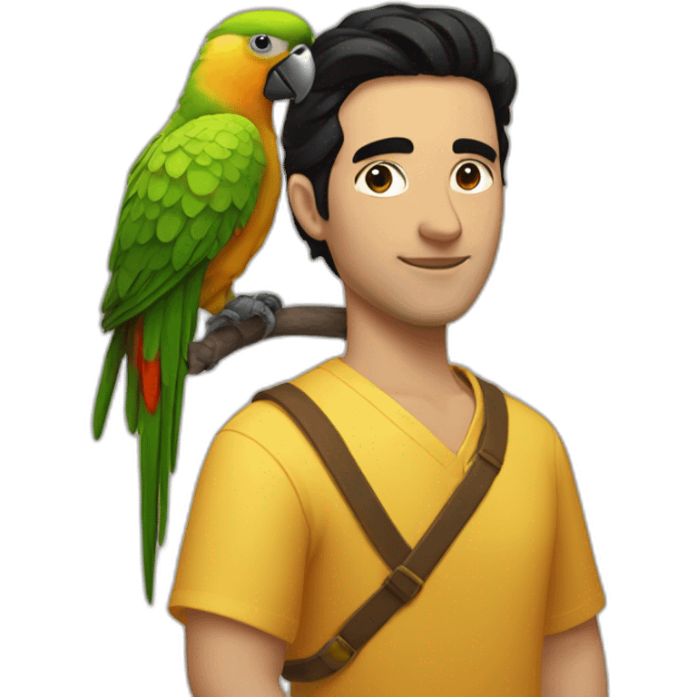 A man with black hair, wearing a honey-colored dress, with a parrot on his shoulder  emoji