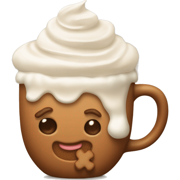 Hot gingerbread latte in a beige mug with whipped cream emoji