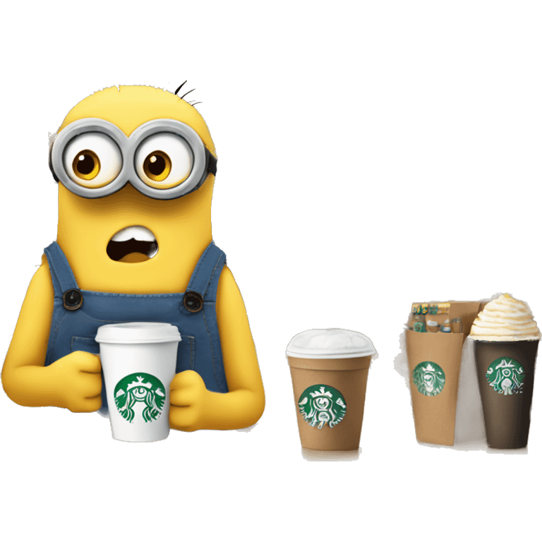 Despicable 4 character mega minion shopping, while drinking starbucks with eyelashes emoji