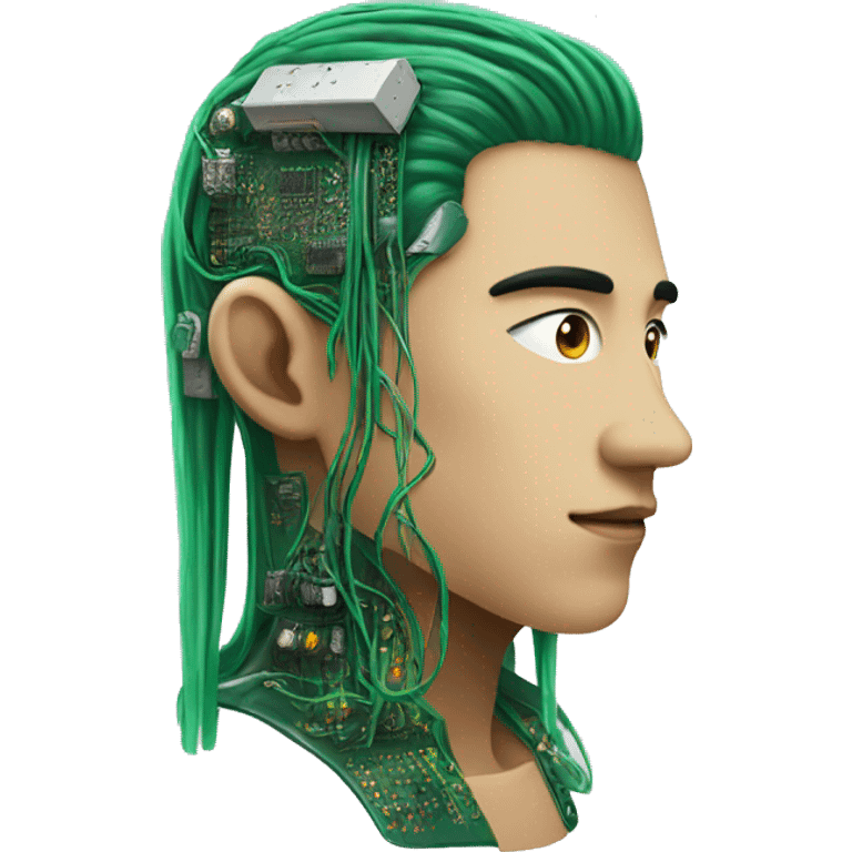 Head of Asian male cyborg with long green hair and circuits emoji