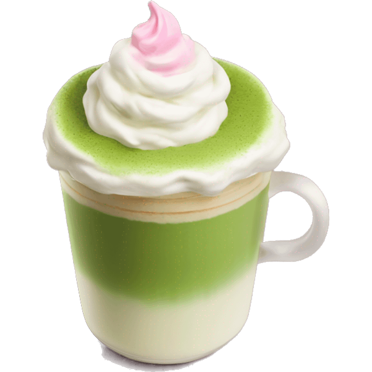 matcha latte with small dollop of pink whipped cream on top emoji