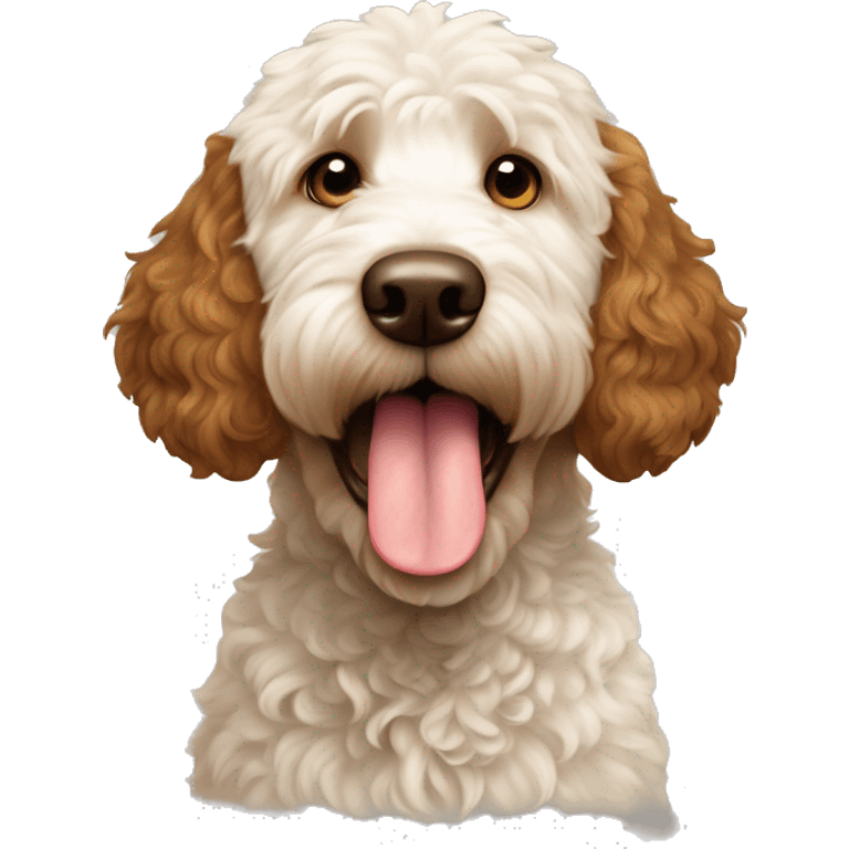 Brown and white patches Golden doodle dog showing tongue white head brown ears and brown patch on head emoji