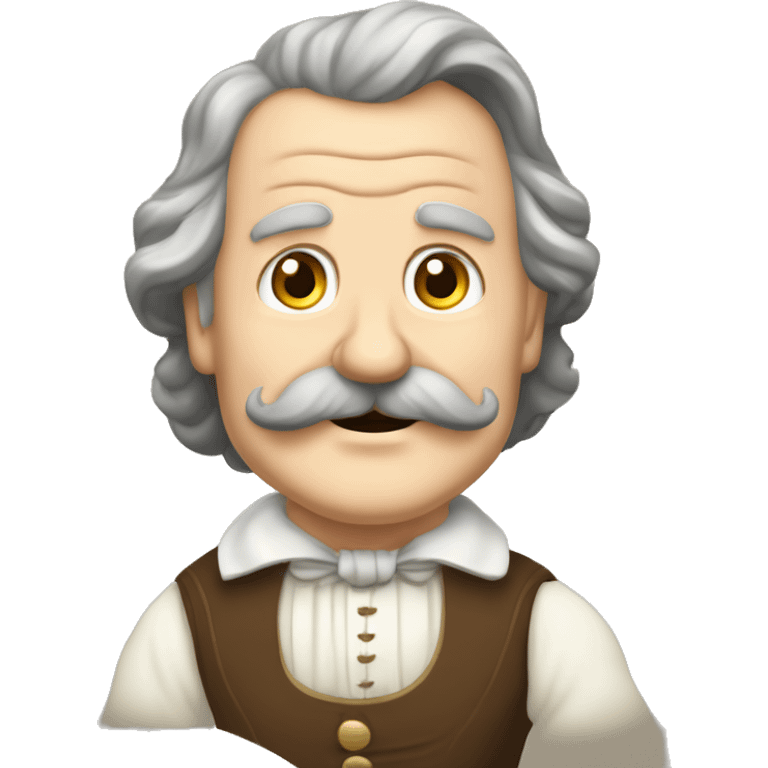 Short pudgy old man over enthusiastic happy excited face bald forehead long wavy gray and brown brunette long wavy hair moustache Shakespearean dress vintage clothes hamlet small arms emoji