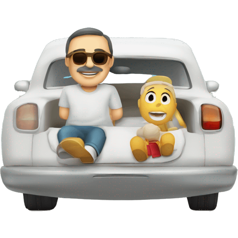 padre español calvo, un poco rellenito, blanco de peil, conduce el coche para llevar a su familia de vacaciones emoji