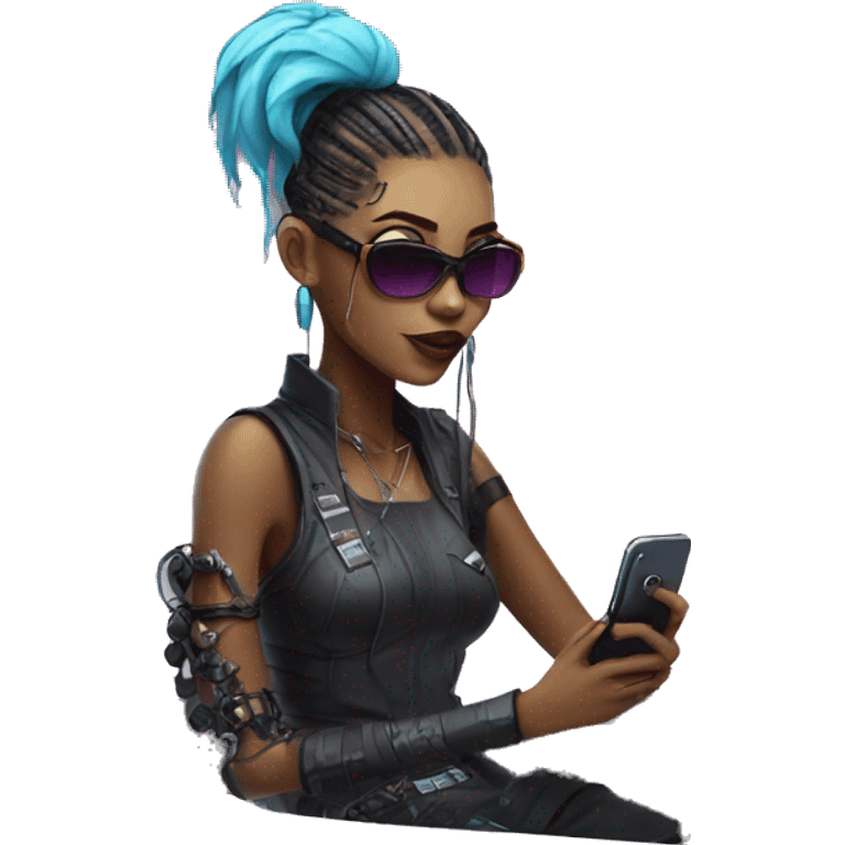 Cyberpunk girl with the phone sitting it fashionable co-working area emoji