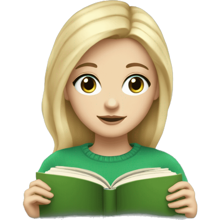 Pretty blue eyed white girl with blonde hair and a green sweater reading a book emoji