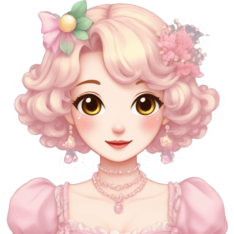 Gorgeous anime style lady with blushing face and accessories cottagecore fairycore Kawaii anime colorful pearly romantic aesthetic trending style emoji