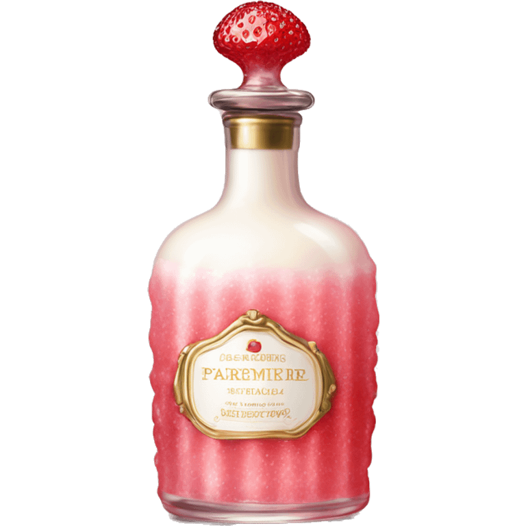 Antique parfumerie bottle with oil, made of red crystals, white cream and pink strawberry milk pour from the bottle emoji