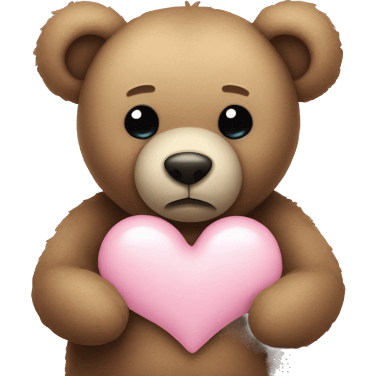 Teddy bear with sad eyes holding a pastel pink heart emoji