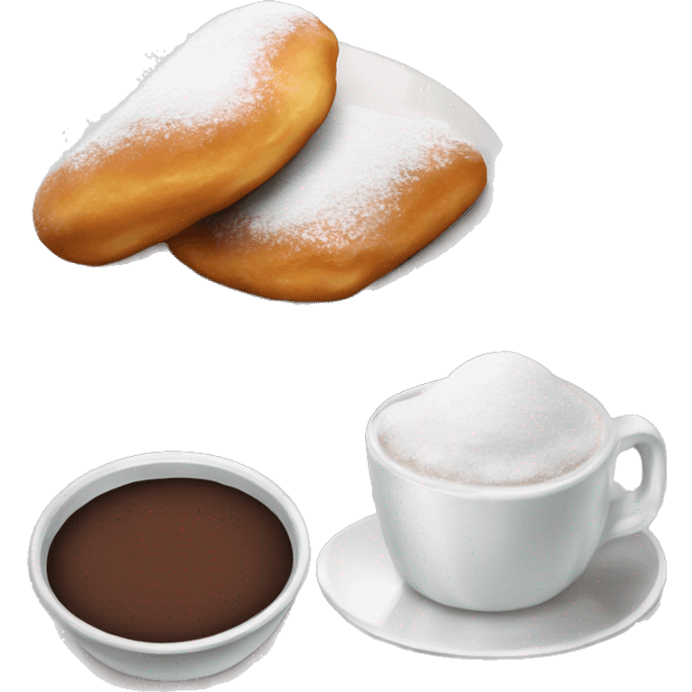 Realistic plate of powdered sugar beignet s with glass cup of chocolate dip. emoji