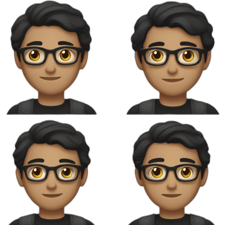 a light skin Pakistani teenager, wearing round glasses, short moustache, black straight hair, black jumper/sweater, structured manly face emoji