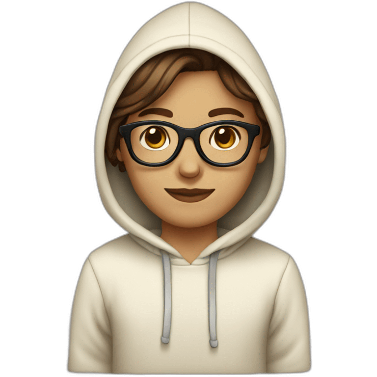 Brown hair with glasses and cream hoodie emoji