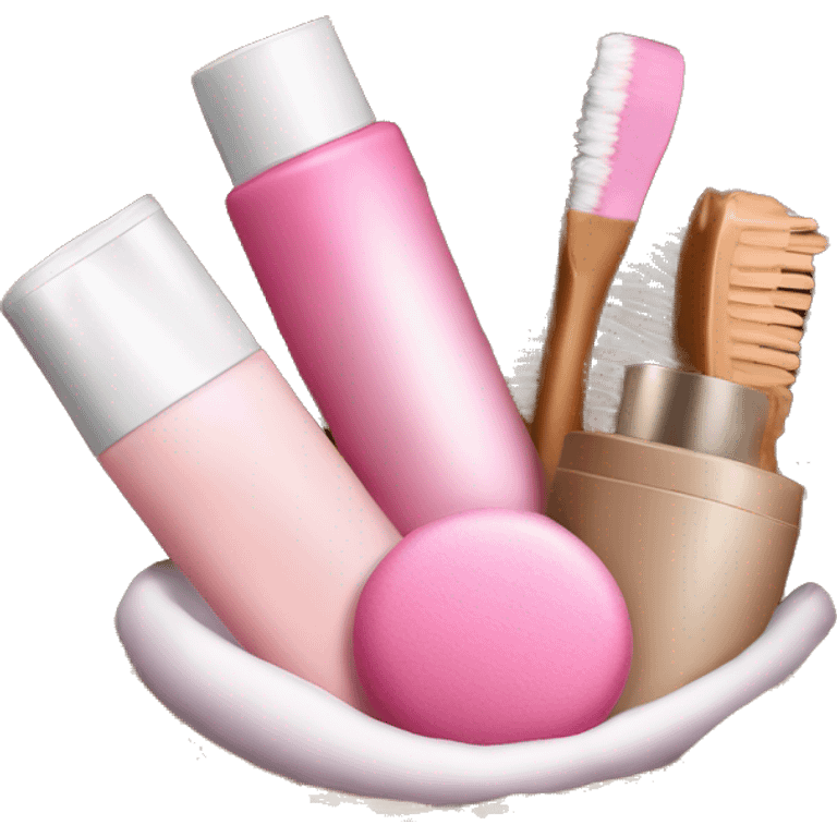 little brown basket with pink and white beauty products inside like shampoos and make up emoji