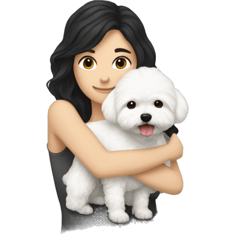 Long black-haired white woman hugging her white maltipoo emoji