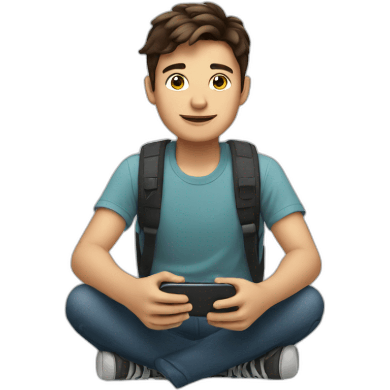 brunette boy sitting with a phone in his hand emoji