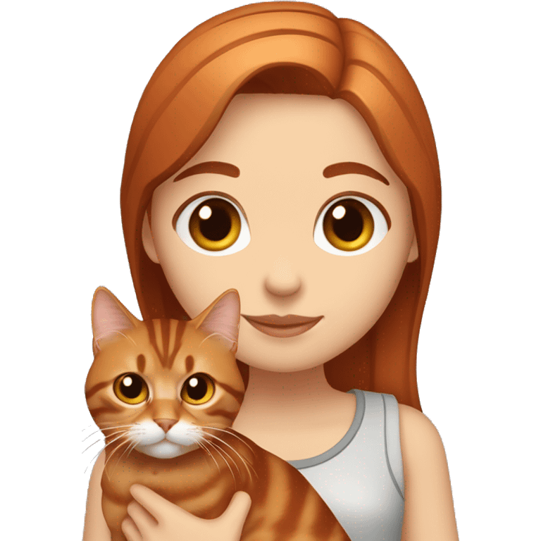 Copper red straight haired girl with dark brown eyes holding a Siberian tabby cat emoji