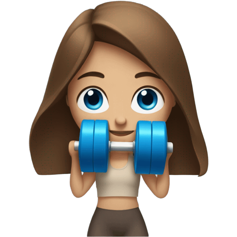 girl with long brown hair,  bright blue eyes, lifting weights emoji