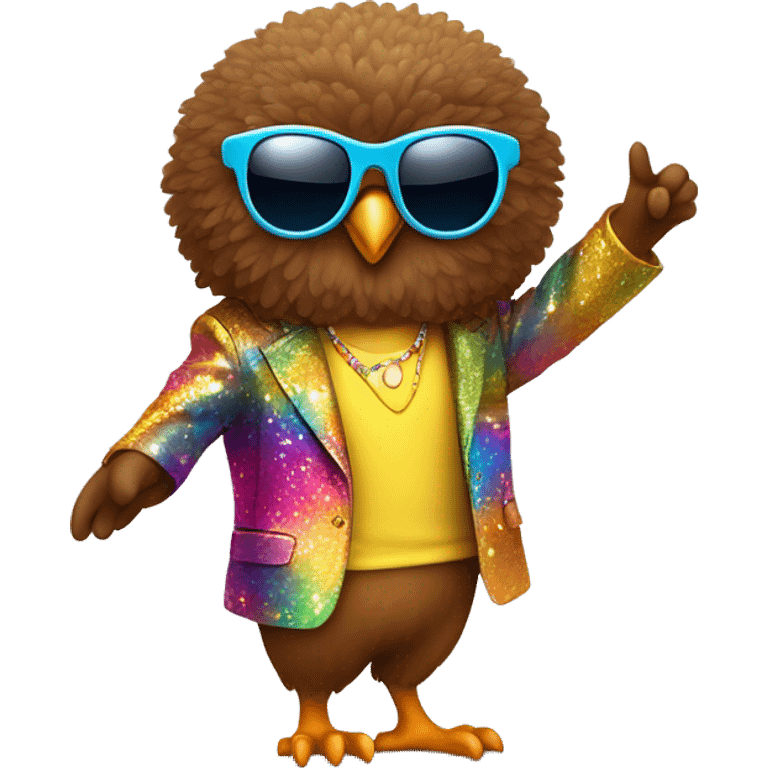  A cute short stubby brown owl with a Afro and sun glasses and a colorful disco suit doing a dance pose emoji