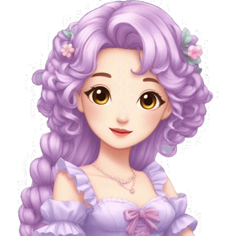 Cute kawaii gorgeous pretty anime lady beautiful hair with gorgeous dress fairycore cottagecore detailed high quality trending aesthetic emoji