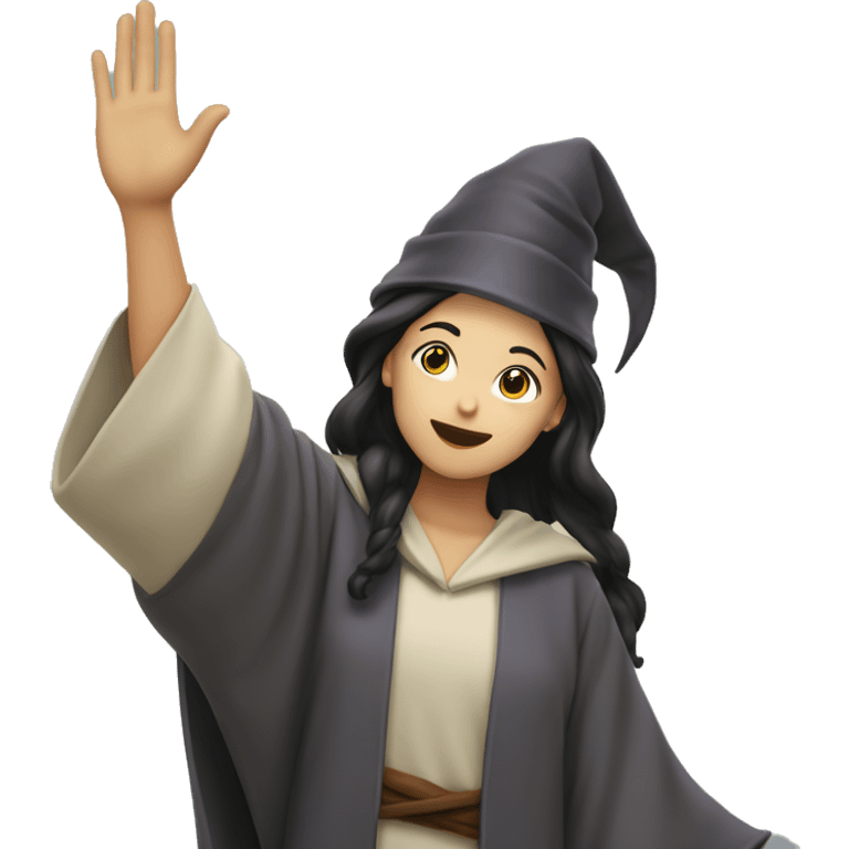 A female young wizard raises her right hand high in the air, asian face, showing until showder emoji