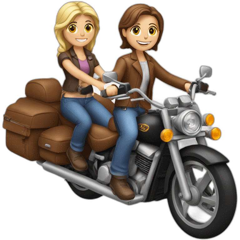 Motorcicle with a Man driving and 2 girls behind emoji