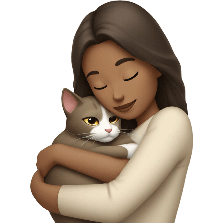 Brunette woman snuggling creamy colored  cat emoji