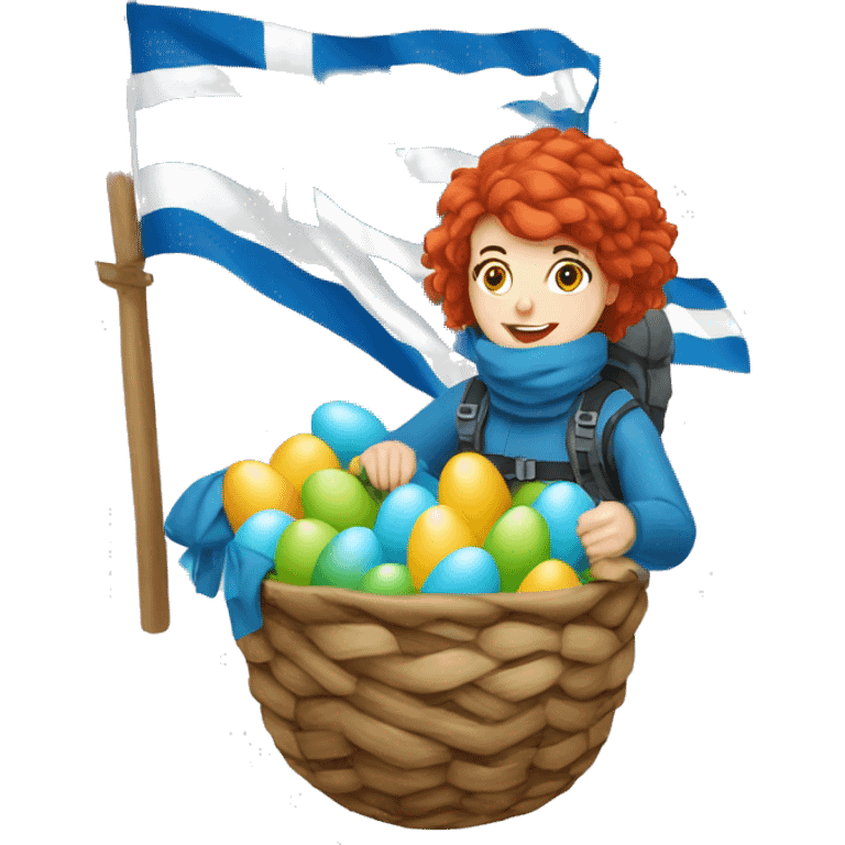 Greek Female winter mountaineer red hair white skin climbing with Greek Flag and Easter eggs basket emoji