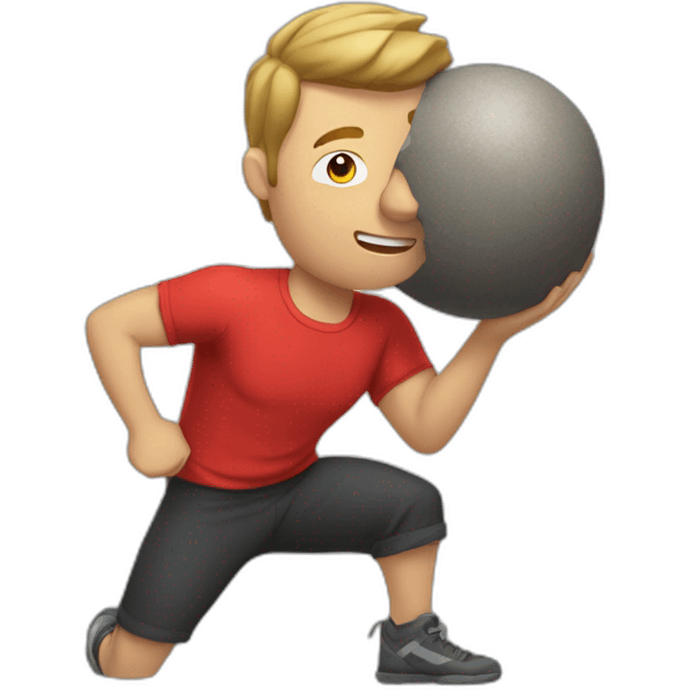 Guy with red shirt doing indoor boulder emoji