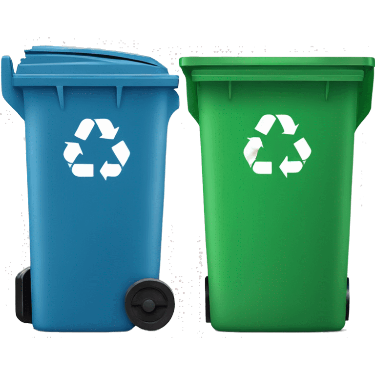 A blue trash can with a lid next to a green recycling bin with a lid emoji