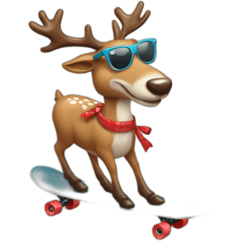 Stylish Reindeer wearing sunglasses delivering Christmas gift on skateboard emoji