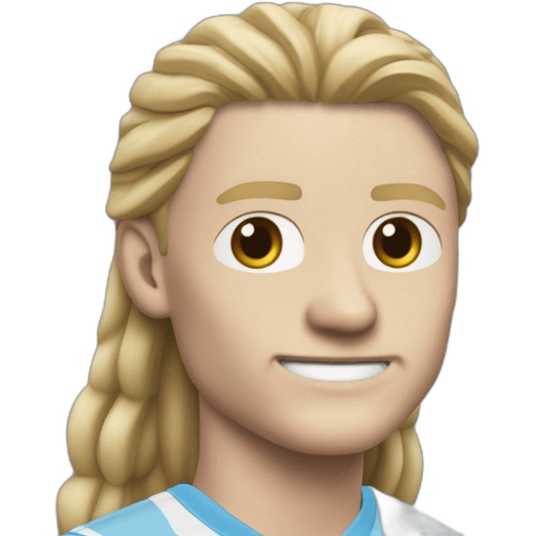 Realistic Erling Braut Haaland has long hair, in a catogan. He is wearing Manchester City football shirt.It has the numéro 9 emoji