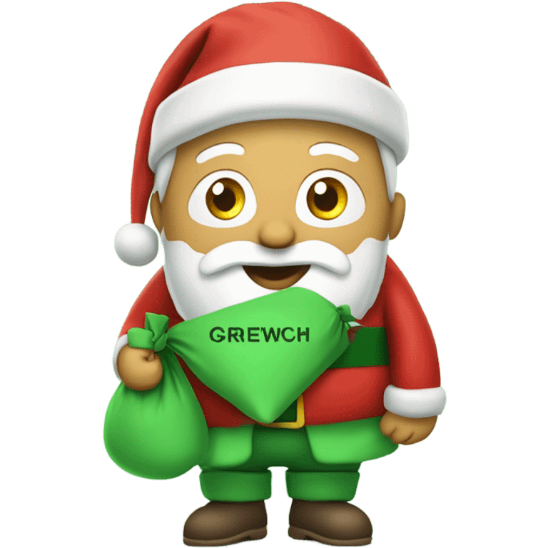 Santa with beard, carrying his sack while wearing a green t-shirt with the words ‘Greenwich Health’ written in white letters  emoji