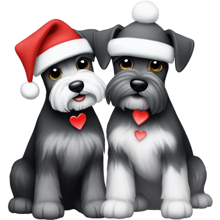 2 miniature schnauzers, 1 grey and one black and white, wearing Christmas hats with a heart in between them emoji